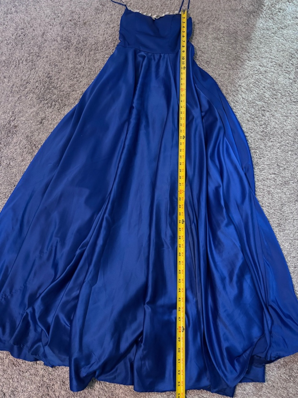 B Darlin Royal Blue Satin Maxi Dress Slit Spaghetti Strap Formal pockets Size 4 - Picture 12 of 13